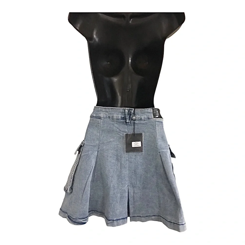 A-line crystal embellished rhinestone utility cargo style mini denim jeans skirt